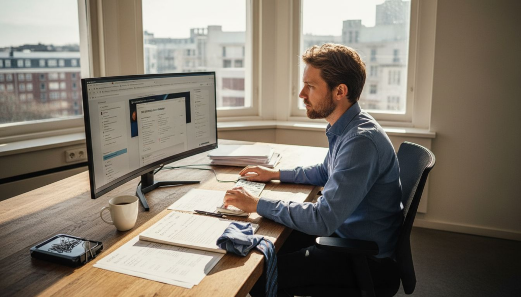 Een SEO-specialist is aan het werk achter zijn bureau op kantoor.