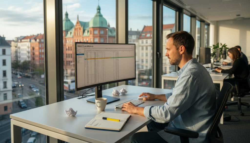 In een kantoor in Berlijn verdiept een marketeer zich in het analyseren van zoekwoorden.