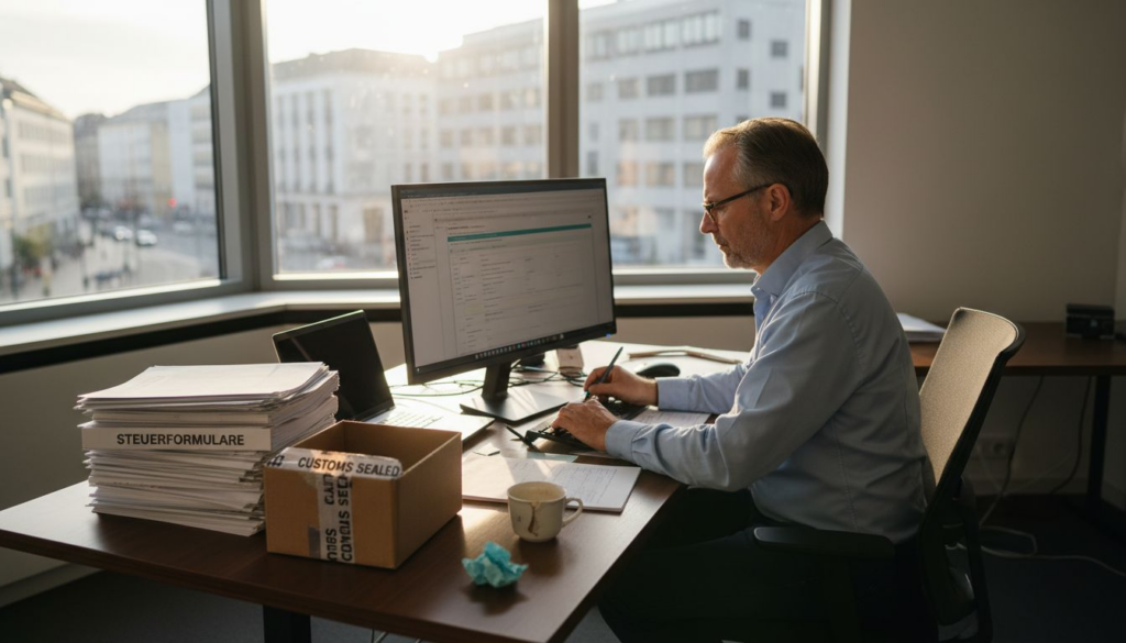 Seller preparing Amazon Germany account in office