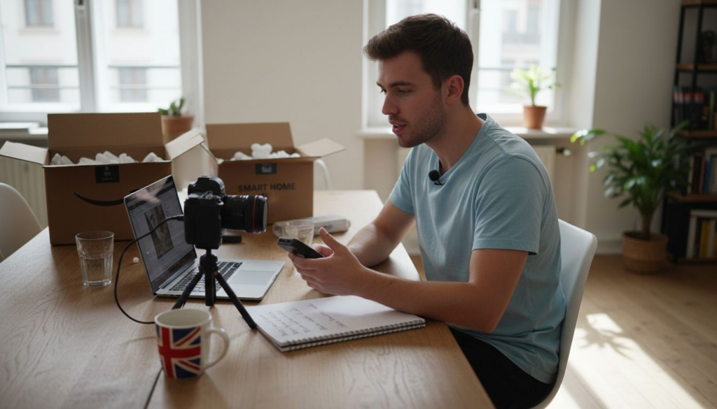 Influencer recording Amazon review in Berlin apartment