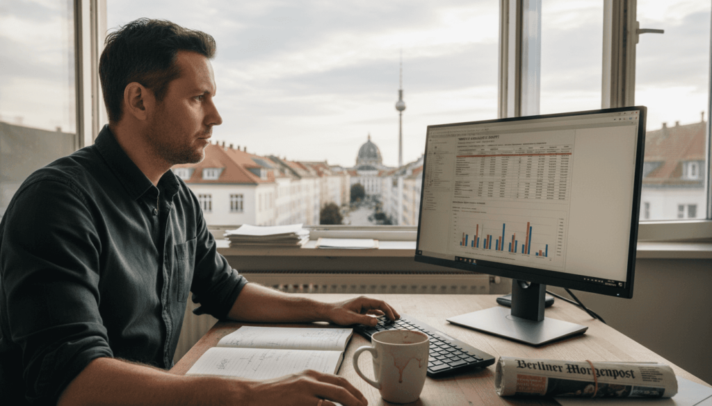 SEO-specialist aan het werk achter zijn bureau met uitzicht op een typisch Duits stadsgezicht