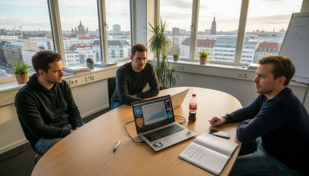 Het team buigt zich samen over de digitale marketing tijdens een vergadering.