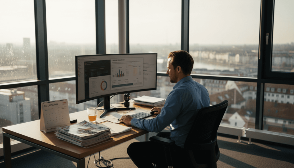 Marketeer analyseert campagneresultaten op het kantoor in Duitsland