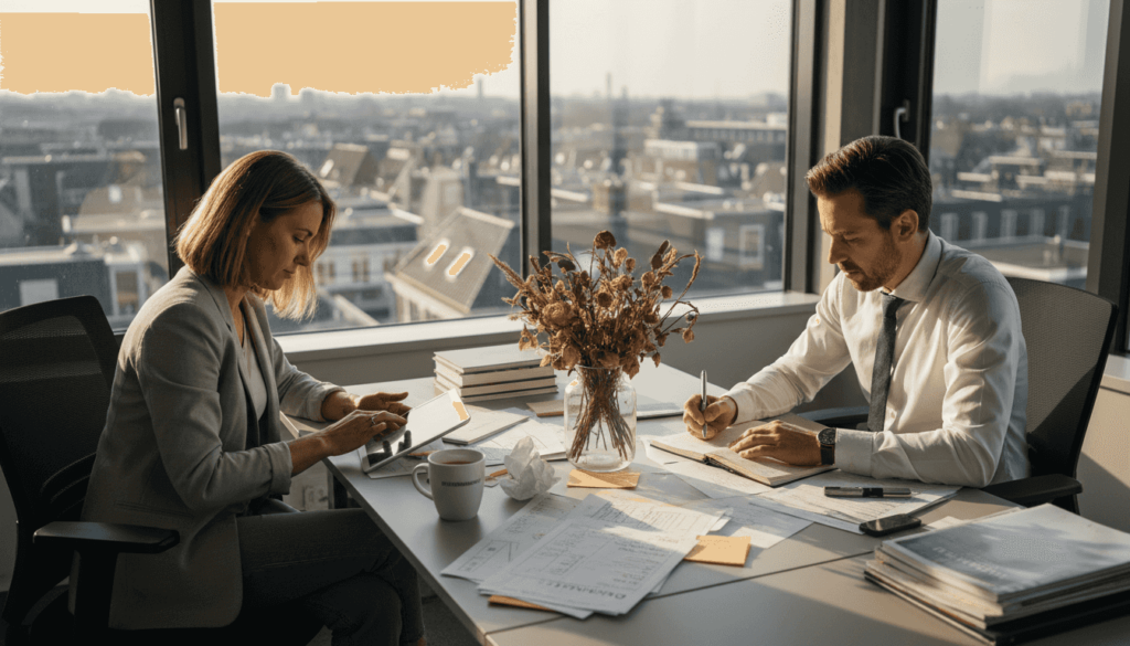 Het Duitse marketingteam buigt zich in het kantoor over de strategie.