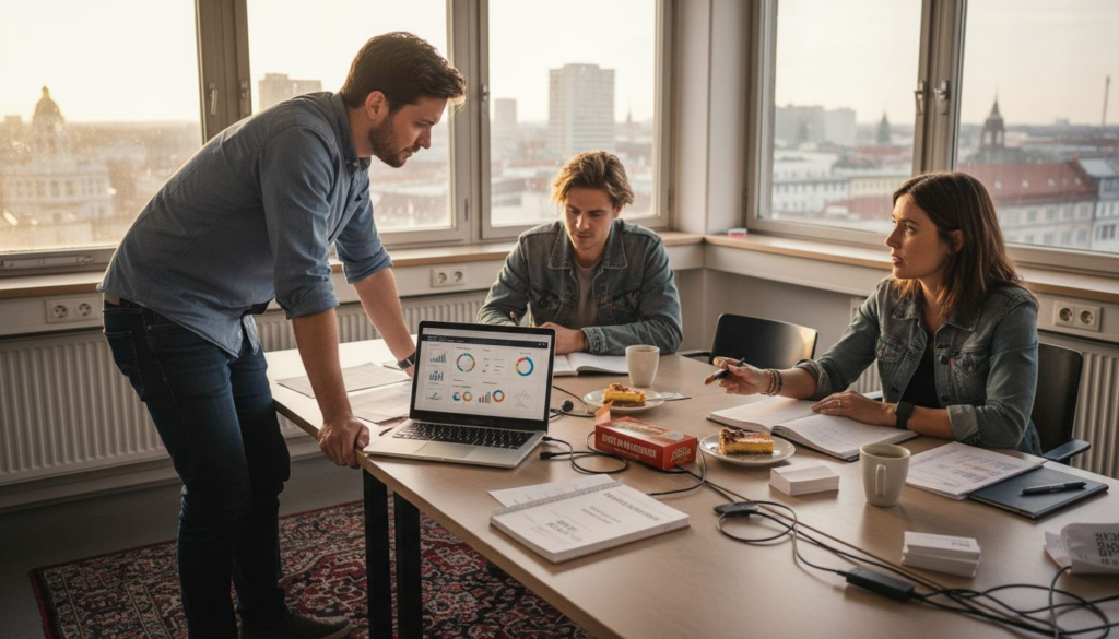Het Duitse marketingteam zit met hun laptops rond de vergadertafel.