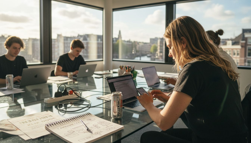 Een team van influencers dat samenwerkt op een kantoor in Duitsland.