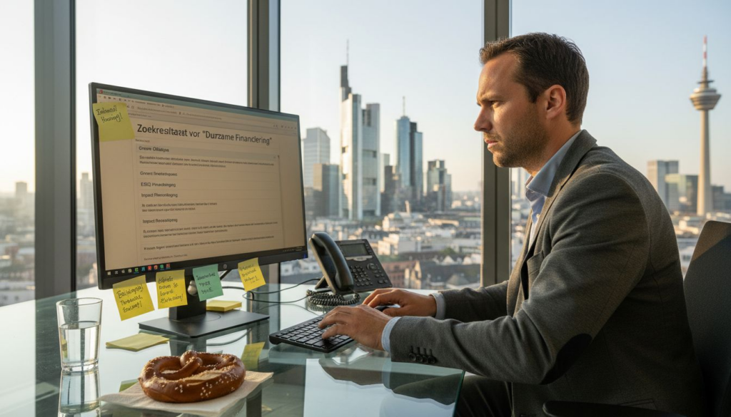 Een man zit achter zijn bureau en zoekt op Google naar foto's van de skyline van Frankfurt.