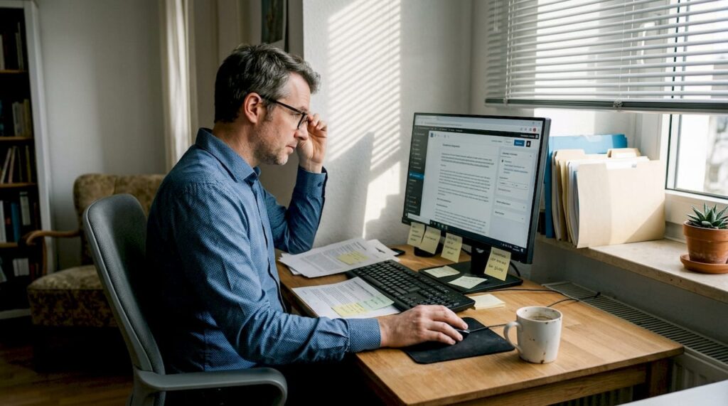 Consultant werkt vanuit huis aan het updaten van een Duitse website