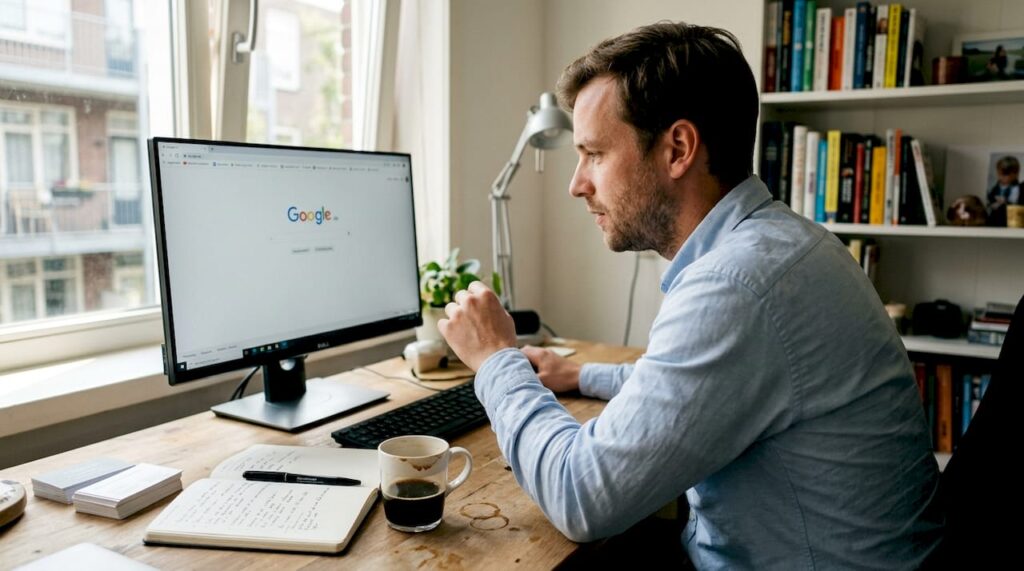 Ondernemer surft op Google.de vanuit zijn thuiswerkplek