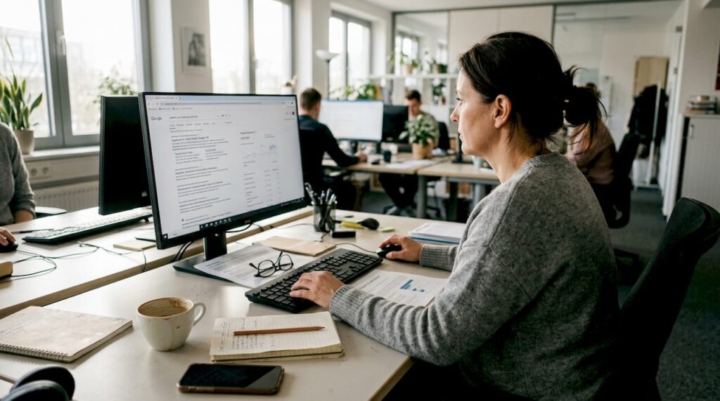 De marketeer is bezig met het verbeteren van de website.