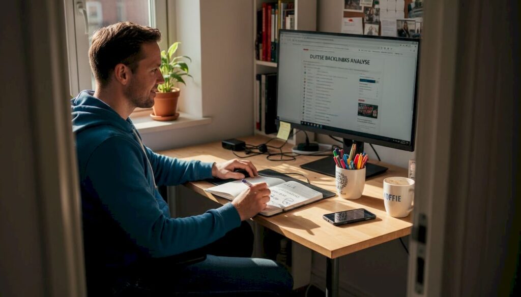 SEO-specialist speurt vanuit zijn thuiskantoor naar interessante backlinkmogelijkheden