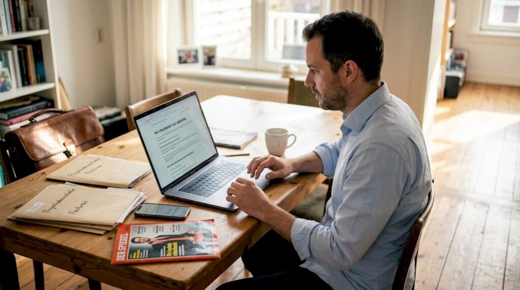 Man verdiept zich aan zijn bureau thuis in het Duitse beleid rondom e-commerce.