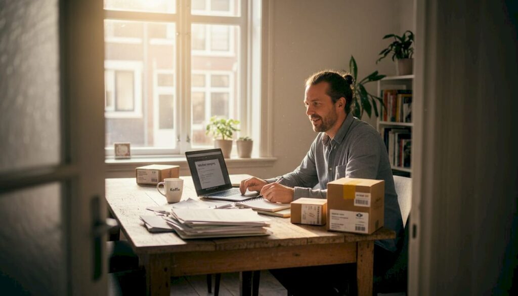 Man vergelijkt verschillende webshops op zijn laptop