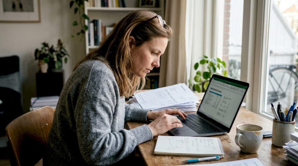 Seller calculating fees at home desk