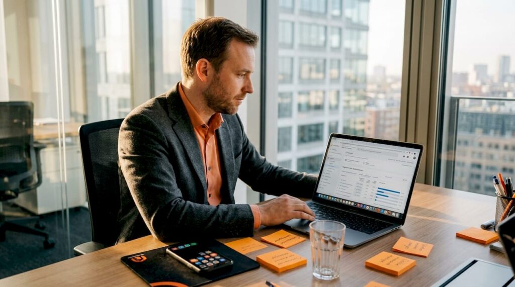 Een consultant analyseert de conversiecijfers achter zijn bureau.