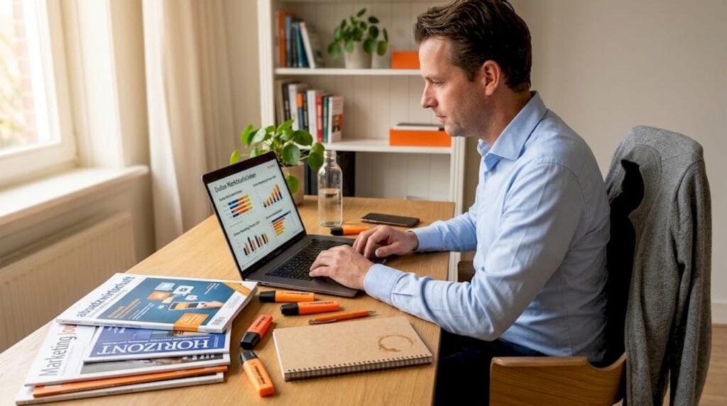 Man bezig met digitale marketing vanuit zijn thuiswerkplek