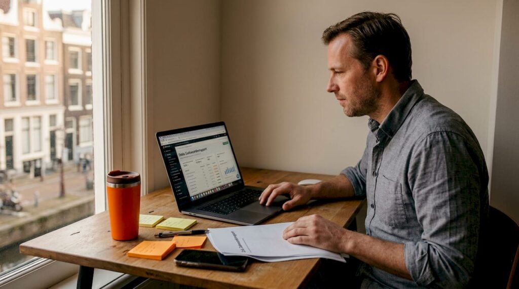 Een SEO-specialist is aan het werk achter zijn bureau in een kantooromgeving.