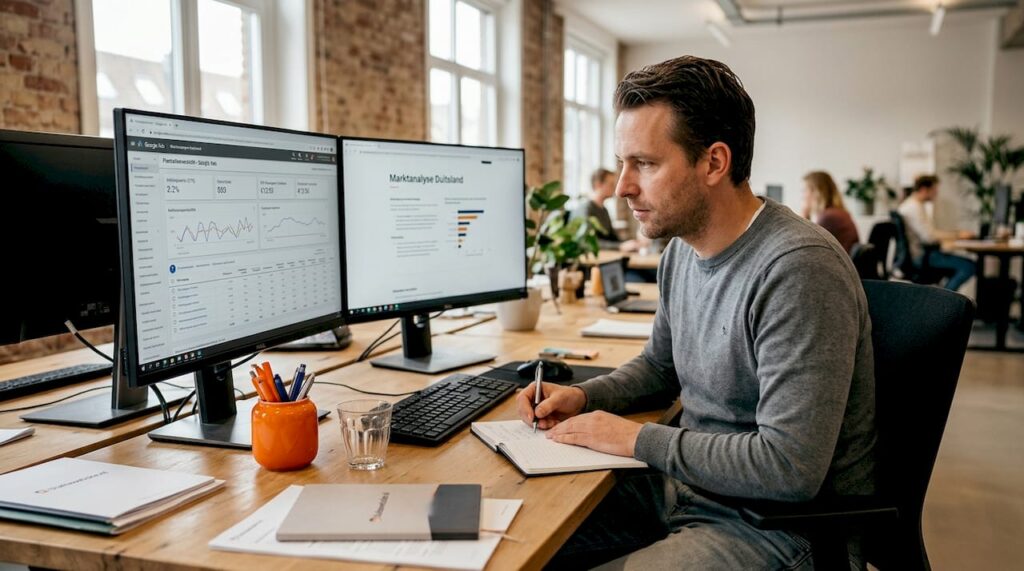 Een online marketeer loopt de Google Ads-campagnes door in de werkomgeving om te checken hoe ze presteren.