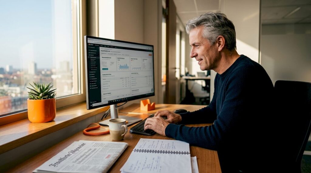 Een SEO-specialist zit op kantoor te werken, met een Duitse krant naast zich op het bureau.