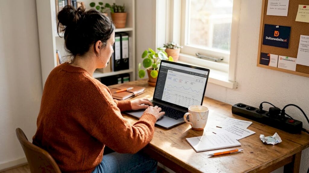 Op kantoor is de marketeer druk bezig met het beheren van Google Ads campagnes.